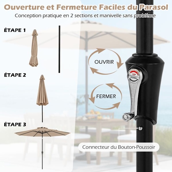 Parasol Déporté 25 °303cm - COSTWAY - Solskydd - Tilt med tryckknapp 8 ribbor för trädgård, terrass Brun