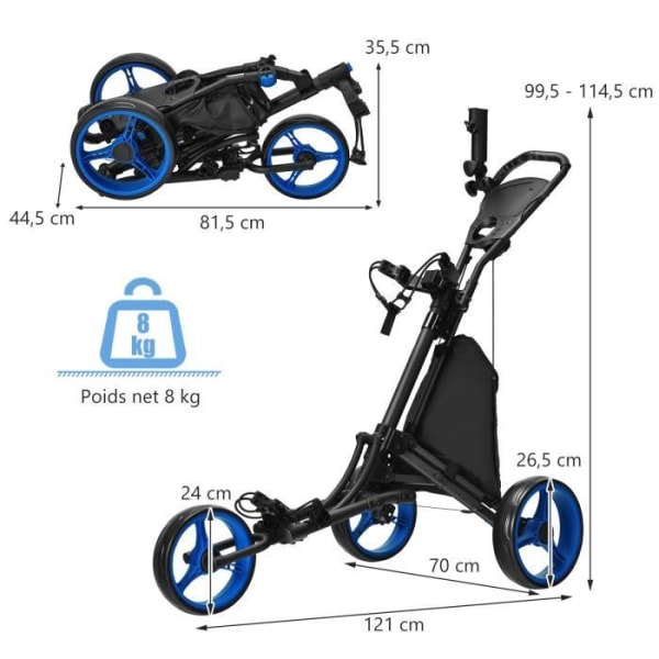 COSTWAY 5-hjuls hopfällbar golfvagn Elastisk rem, justerbart paraplyställ och mugghållare Aluminiumtäckt väska Blå