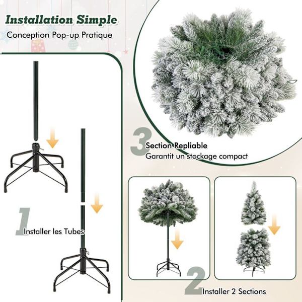 COSTWAY 150 cm LED kunstigt juletræ - 130 varme hvide lys - 378 grene flokket med sne - Metalstativ - Sammenfoldelig sektion Grön