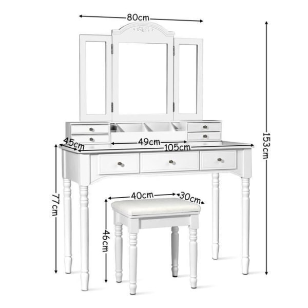 COSTWAY 2 i 1 sminkbord – pall, avtagbar 3-faldig spegel – sminkbord – 7 lådor, 8 krokar, ben i massivt trä