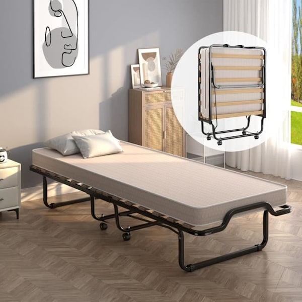 COSTWAY hopfällbar sidobädd på hjul - 80 x 200 CM - hopfällbar säng - 10 CM skummadrass - 15 ribbor av trä