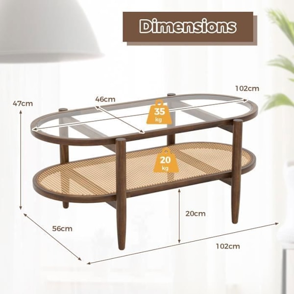 COSTWAY Oval Saltbordsbord i hærdet glas med ramme i akacie træ, 2-niveau stuebord med åben hylde i PE-rattan kastanj
