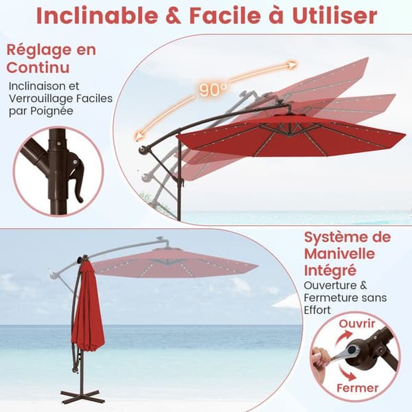 COSTWAY Skærmparasol 3M med 40 LED-lys Solpanel 6 Timer, Krydsbase Sandsæk UV 20+ Rød