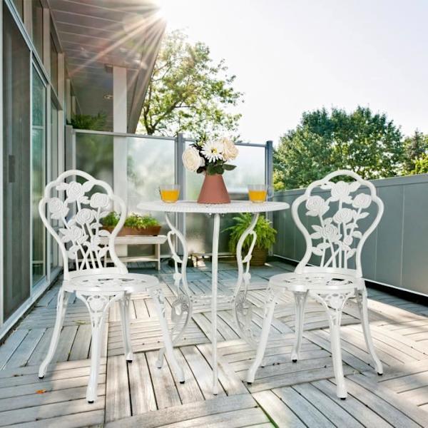 Ensemble Bord och 2 Stolar av Patio i Aluminiumgjutning - COSTWAY - Rosform - Vit Vit