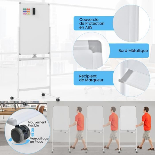 COSTWAY Magnetic Whiteboard 60 x 90 cm Dubbelsidig vändbar torrradering 2 justerbar höjd 4 mobila hjul Vita