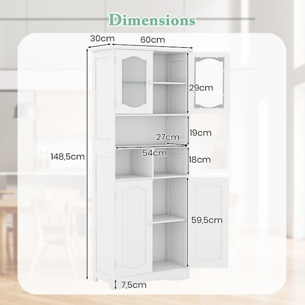 COSTWAY Badrumsstolpe-60 x 30 x 148,5 cm-2 Frostade glasdörrar-2 justerbara hyllor-3 förvaringsfack-Vit