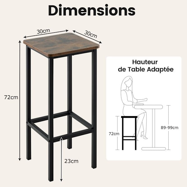 COSTWAY Set med 4 industribarstolar 72 cm hög, rygglös med metallben för hem, kaféer, pubar