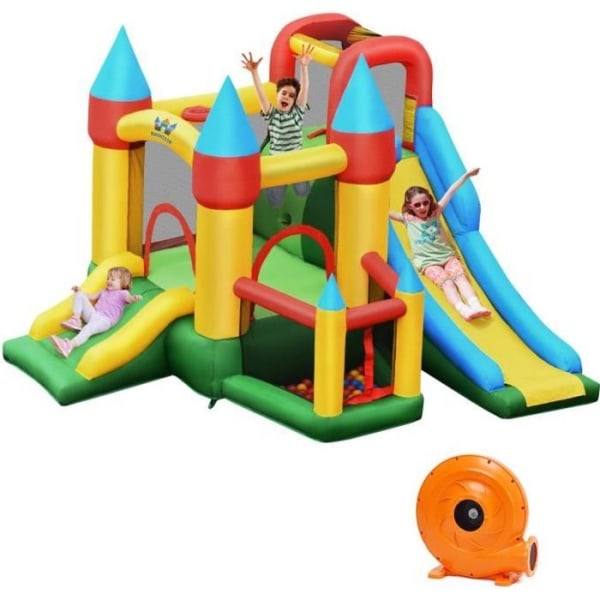 Uppblåsbart slott för barn - COSTWAY - 2 rutschbanor - Pool - Basket