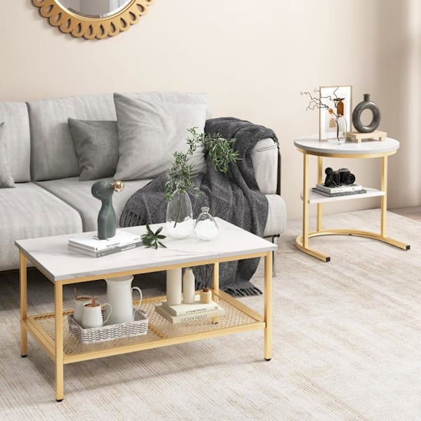 COSTWAY Sæt med 2 Skandinavisk Nesting Sofaborde - Marmor Print Sidebord - Guld Metalramme, Justerbare Fodstøtter gyllene