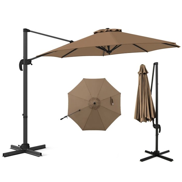COSTWAY Parasoll Skærm 294x247cm - 360° Rotation - 5 Justerbare Nejlingsvinkler - Krydsbase - UV-Beskyttelse til Haven - Brun