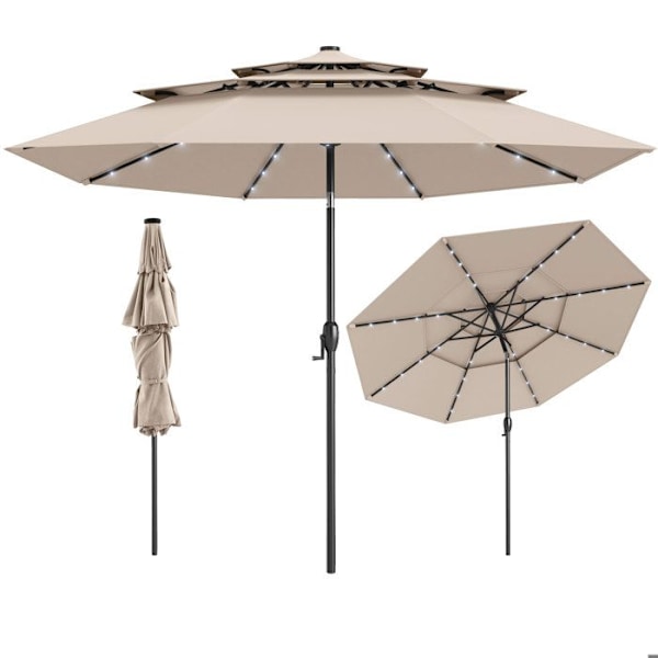 COSTWAY Haveparasol på 313 cm - 32 LED - 35° Læneindstilling - 3-niveau Ventileret Tag - Kurbøje til Terrasse Beige