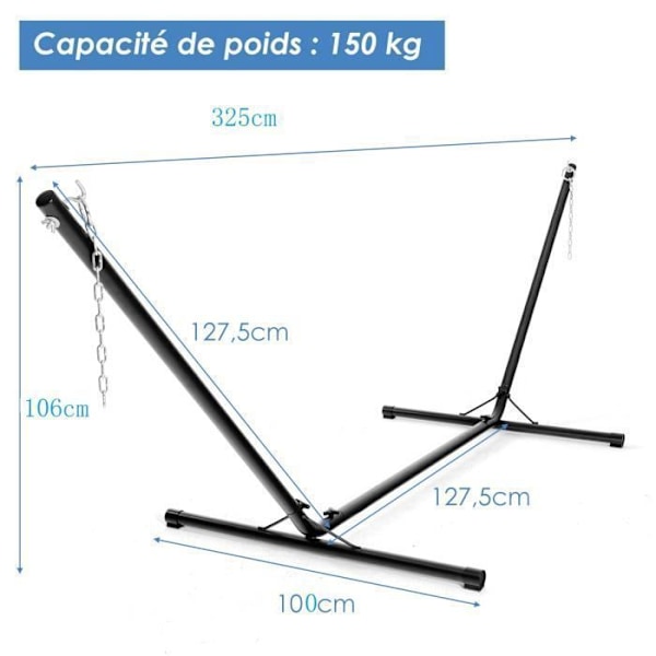 COSTWAY Metall Hängmatta Stativ Last 150 KG Justerbar kedja med krokar för inomhus utomhus Svart 325 x 100 x 106 cm