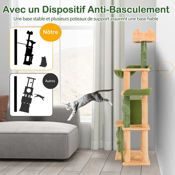 COSTWAY Multi-Level Cactus Cat Tree 160 CM, Sisal kradsestolper, Condo, siddepinde, hængende legetøj, platforme Grøn og Orange