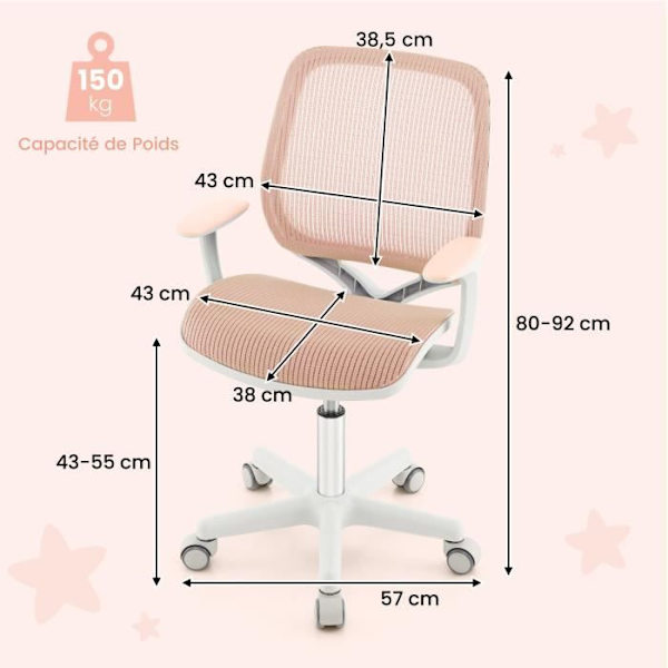COSTWAY Ergonomisk drejelig kontorstol til børn 6-15 år, 5 bremsehjul, Justerbar sædehøjde 43-55 cm, Pink Rosa