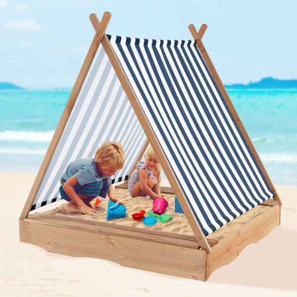 COSTWAY Sandkasse til Børn Udendørs i Fyrretræ med Tag til UV-beskyttelse, 2 Indbyggede Bænke 124 x 123 x 134CM til Strand, Have