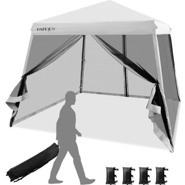 COSTWAY Instant Folding Barnum Gazebo 3x3m - Mesh sidoväggar - Lutande ben - Hjulförsedd väska - Höjdjusterbar - Vit Vit