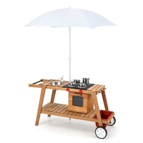 COSTWAY Børnehandler med tilbehør - Restaurantvogn med parasol til gadesælgere Træ 114 x 48 x 66 CM (L x B x H) Beige