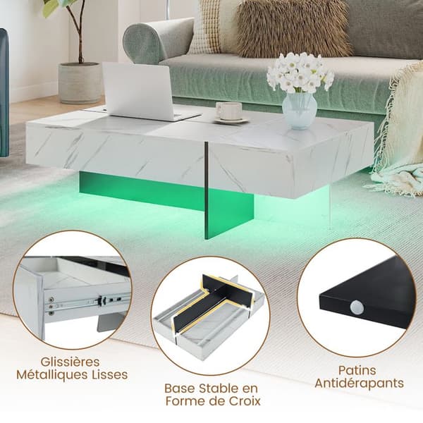 LED Kaffeebord COSTWAY 120 x 70 x 35 cm, 3 Förvaringslådor, Rektangulär Centrummöbel för Vardagsrum, Vit Marmorimitation Vit