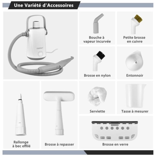 COSTWAY bærbar håndholdt damprenser 1000W 300ml vandtank 10 tilbehør inkluderet Temperatur til 95°C Tryk 3 Bar