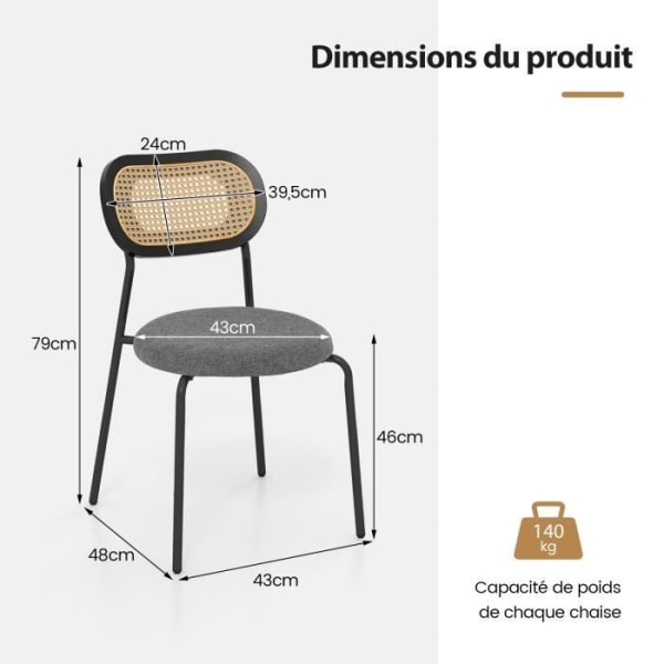 COSTWAY Setti, 2 rottinkiruokailutuolia, pehmustettu, metallijalat, verkkoselkänoja, istuinkorkeus 46 cm grå + svart