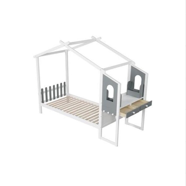 COSTWAY yhden hengen sänky 200 x 90 cm, kirjoituspöytä, tasosänky koukuilla ja laatikoilla, 18 puista sälettä, valkoinen harmaa sängyn runko Vitt och grått