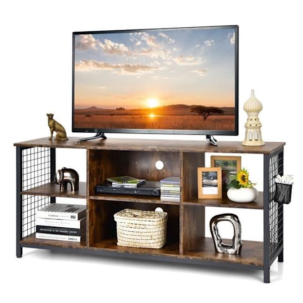 COSTWAY 65" tv-stativ med 6 rum, justerbare hylder, 2 kabelstyringshuller, stue, soveværelse, 140x40x63cm, brun kastanj