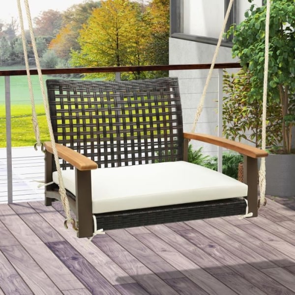 COSTWAY Rottinggunga med sittdyna, akaciaarmstöd, 2 hängrep, hängstol för trädgård, veranda