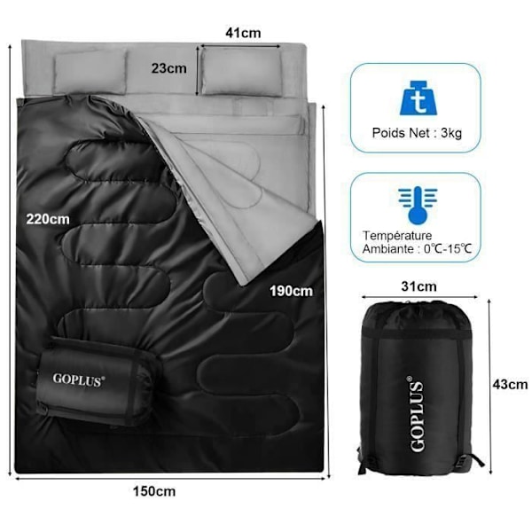 COSTWAY dobbelt sovepose - Sort - 190x150cm - Puder inkluderet - Vægt 3,45 kg Svart
