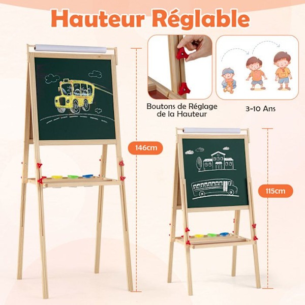 COSTWAY Kunstnerstaffeli 3 i 1 - Magnetisk Tavle i Sort & Hvid - Justerbar Højde & Papirrulle til Børn fra 3-10 År