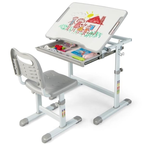 COSTWAY Ergonomiskt bordsset för barn Justerbar höjd, 0-45° lutande topp, skjuthylla för flera förvaringsutrymmen Rosa