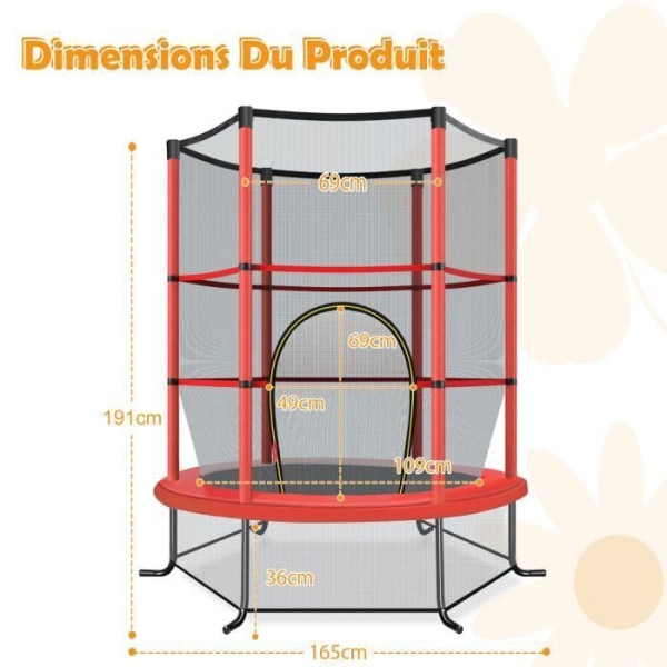 COSTWAY Barnstudsmatta med skyddsnät Ø165×1,91H CM-Dörr med dragkedja-Fjäderskydd-6 Vadderade stolpar-Belastning 45 kg-Röd