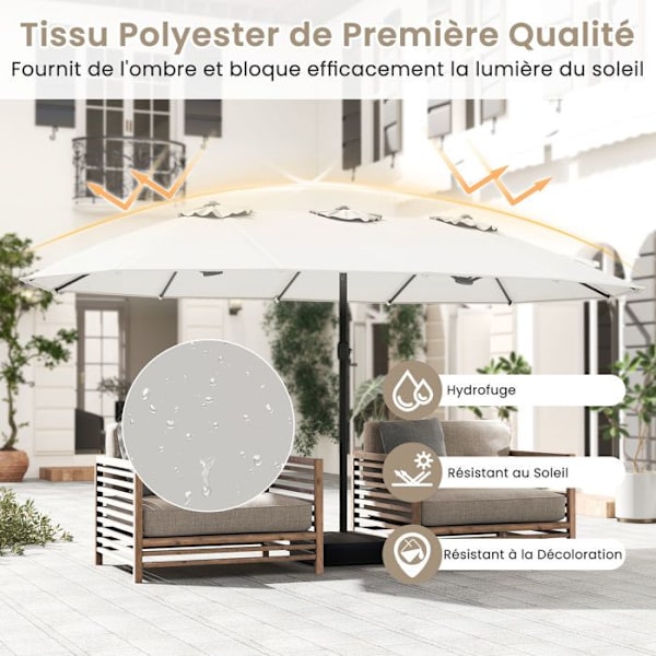 COSTWAY Dubbel XXL Parasol 464x286x198cm - Bas ingår 2 Sandsäckar - UV-skydd 12 Ribbor - Rektangulär Vevarm Beige