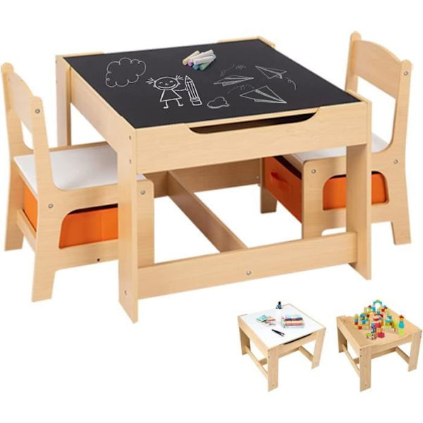 COSTWAY børnebord og 2 stolesæt, 2 sider (sort og hvid), 2 opbevaringskasser, til at tegne, spise, studere, lege Ljus ek