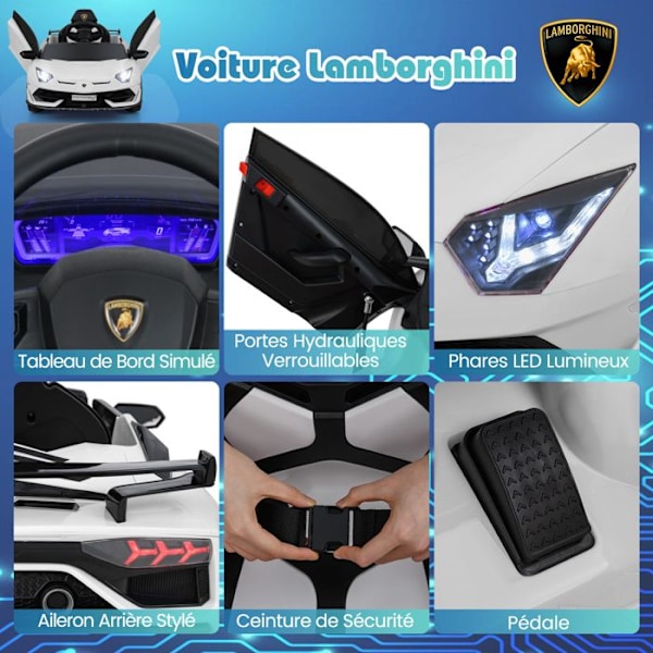 Lamborghini Elbil 12V/4,5 Ah, Fjernbetjening 2.4G, 2 Motor, Fjädring, LED, MP3, USB, TF, Radio, Hvid