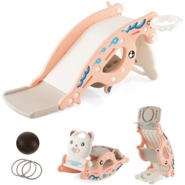 Toboggan COSTWAY 4 i 1: Gungställning, Basketkorg & Boll, Ringkastningsspel för Barn 3 År+ Rosa Rosa