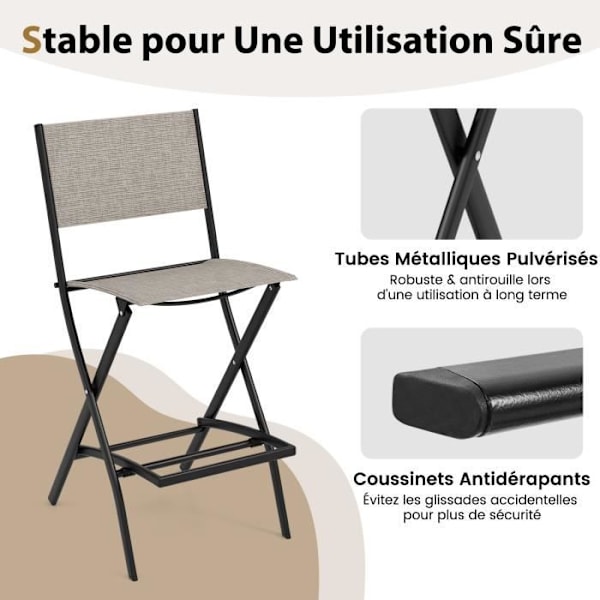 COSTWAY Sæt med 2 Textilene Barstole - Sammenklappeligt design, skridsikre puder, Fodstøtte - Belastning 150 kg - Kaffe