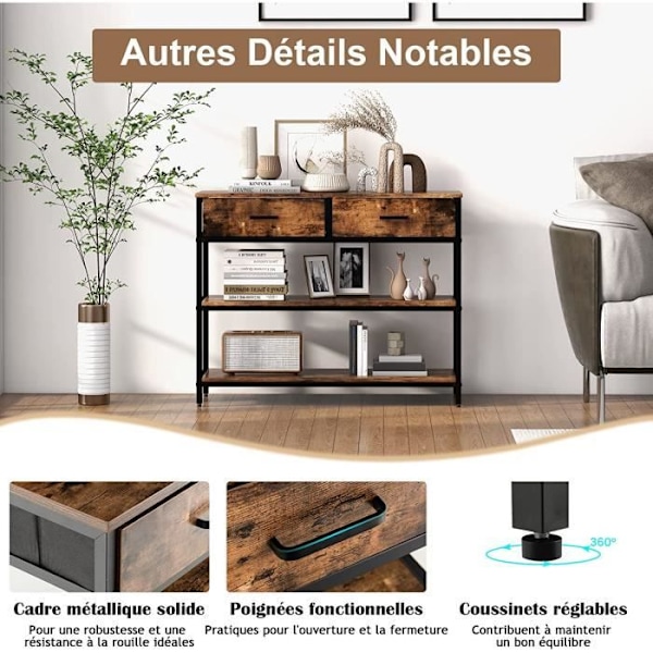 COSTWAY teollisuuskonsolipöytä 3 tasoa, 2 laatikkoa - 100 x 30 x 80 cm maalaismainen ruskea metallikehys