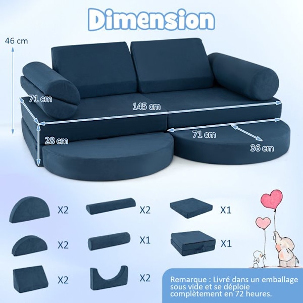 COSTWAY 13-delt modulsofa til børn, cabriolet skum, 145 x 71 x 46 cm, Møbler til soveværelse, legerum, blå