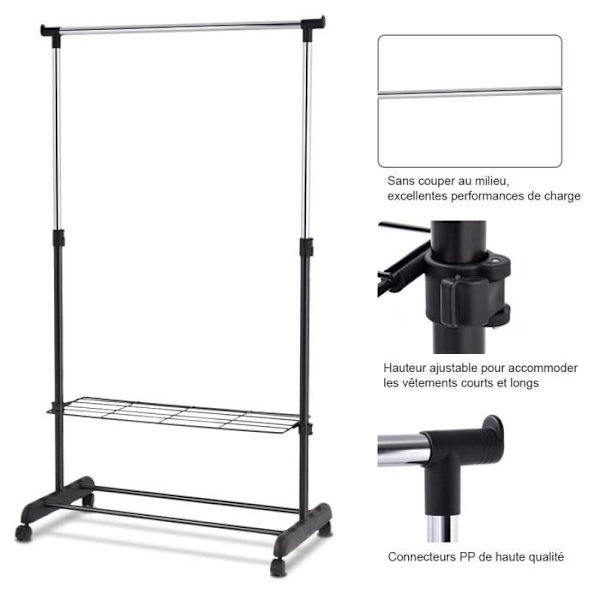 COSTWAY Klädställ på hjul Mobilt teleskopiskt justerbart höjd 84 x 42 x (92-168) cm (L x B x H) Svart