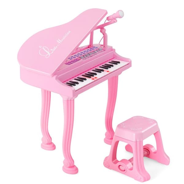 Klaver til Børn 37 Taster med Taburet COSTWAY Mikrofon, 3 Undervisningsmetoder LED, MP3 8 Musikstile, 22 Sange Rosa