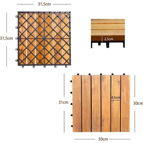 COSTWAY 27 Dalles Terrasser Udendørs 30 x 30 CM, Akacietræ Klikbare og Sammenføjbare Belægningsplader til Have, Pool, Balkon