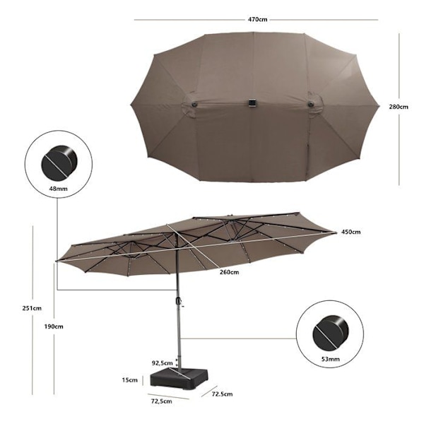 Parasol i Have XXL 48 LED - COSTWAY - 470 x 280 x 246 cm - Base og Sandpose - Solpanel - Firkantet Brun