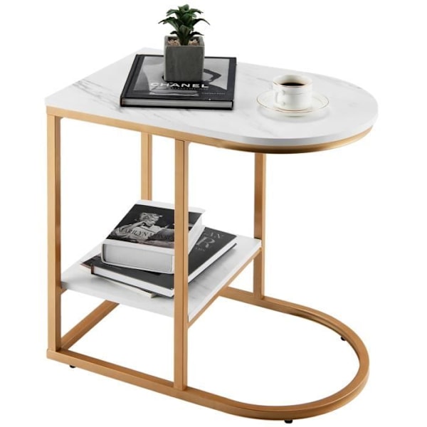 COSTWAY Side Table Marmorering med 2 Niveauer Guldbelagt Stål Sofa i Moderne Skandinavisk Stil