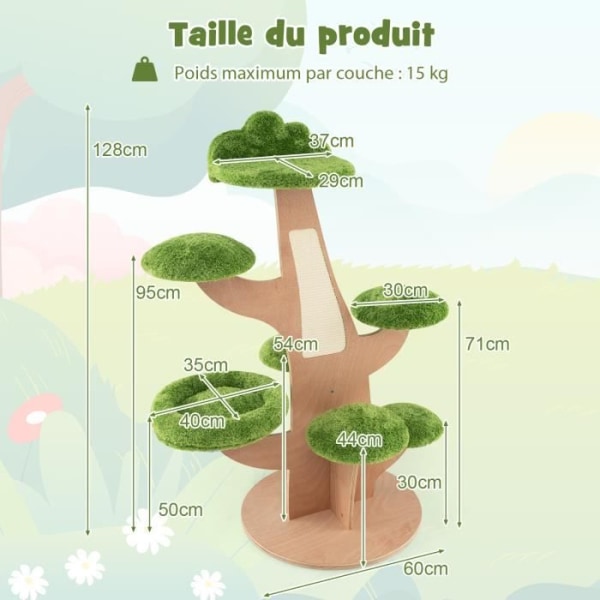 COSTWAY Kattetræ 128 CM - Kradsestolper, Aborre, skridsikre puder, Katteseng - Fyrreformet Kattelegetårn