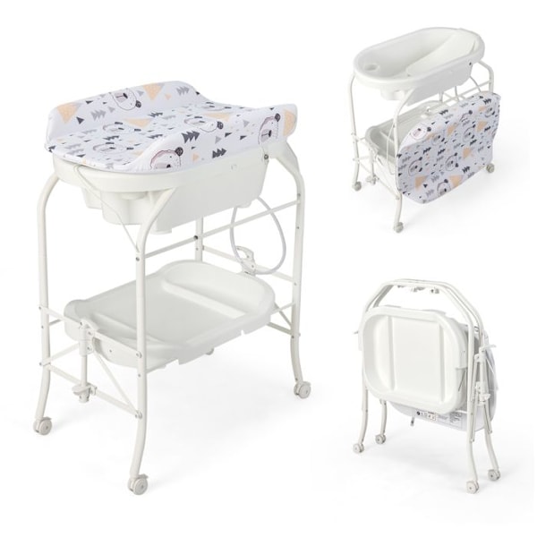 COSTWAY Babyskiftebord-Badekar 20L 4 i 1 Sammenklappelig med 4 Hjul, 1m Rør, Opbevaringsbakke PVC Vandtæt Pude 35Kg Hvid
