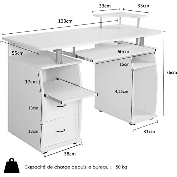 COSTWAY computerbord med printeropbevaring, 2 skuffer, skydetastatur, hvidt computerbord Vit