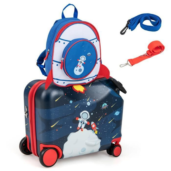 COSTWAY barnväska på hjul 18” med 12” ryggsäck, vattentät skalhjul infällbart handtag, Astronaut, 3 år+, svart