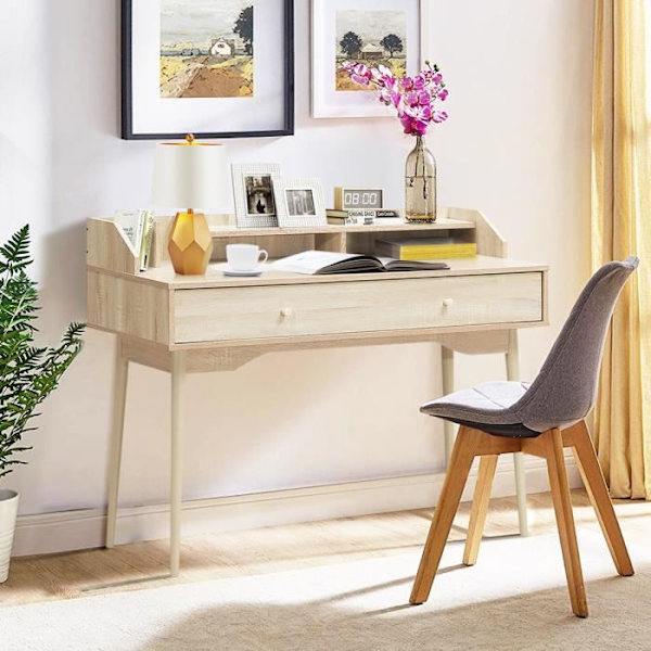 COSTWAY Moderne skrivebord med skuffe og hylde, 120 x 50 x 93 CM, Skrivebord med Anti-Tip Device, Natural