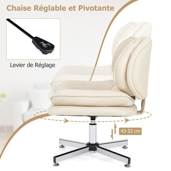 Modern vridbar kontorsstol MAX Kapacitet 150 kg COSTWAY Justerbar höjd, vadderad rygg och sits, läder Aire Lädertyg Beige