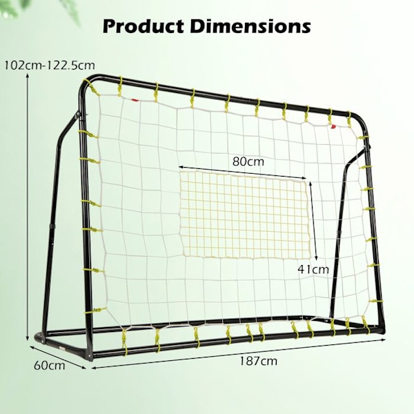 COSTWAY Kids Football Rebound Net-2 in 1-187 x 60 x 122,5 cm-5 kulmat säädettävät-metallirunko-jalkapalloharjoittelu-musta